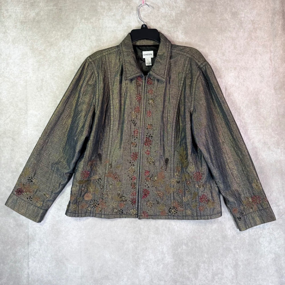 Chico's Vintage Jacket Women 3 Gold Metallic Floral Embroidered Whimsigoth Art
